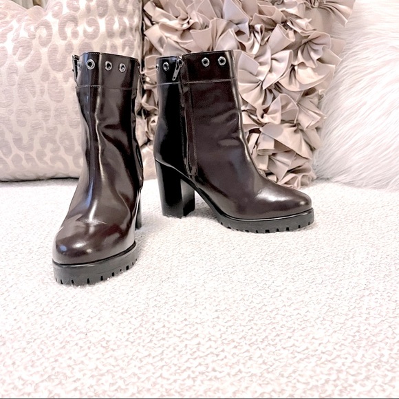 Pollini Burgundy Oxblood Leather Platform Heel Zipper Buckle High Ankle Boots 7 - Picture 1 of 7